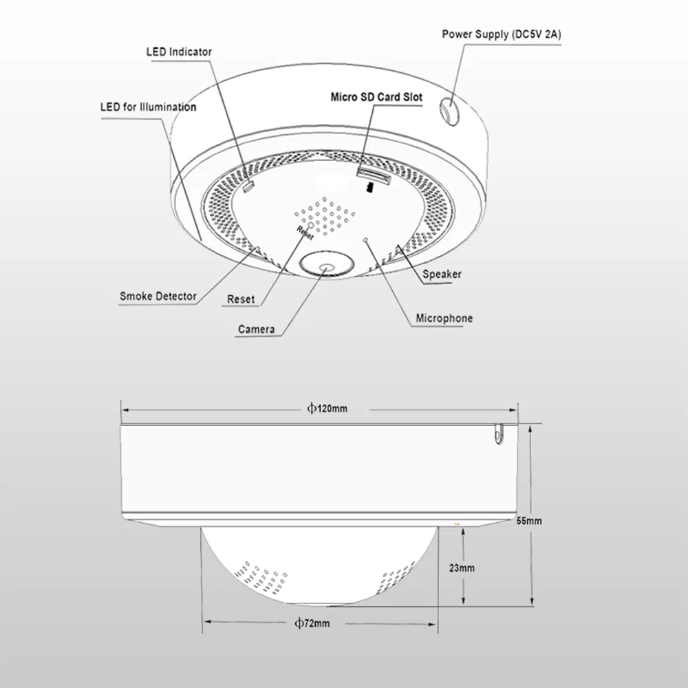 1080P Fire Smoke Detection Alarm 360 Panoramic WiFi Wireless Smart Camera