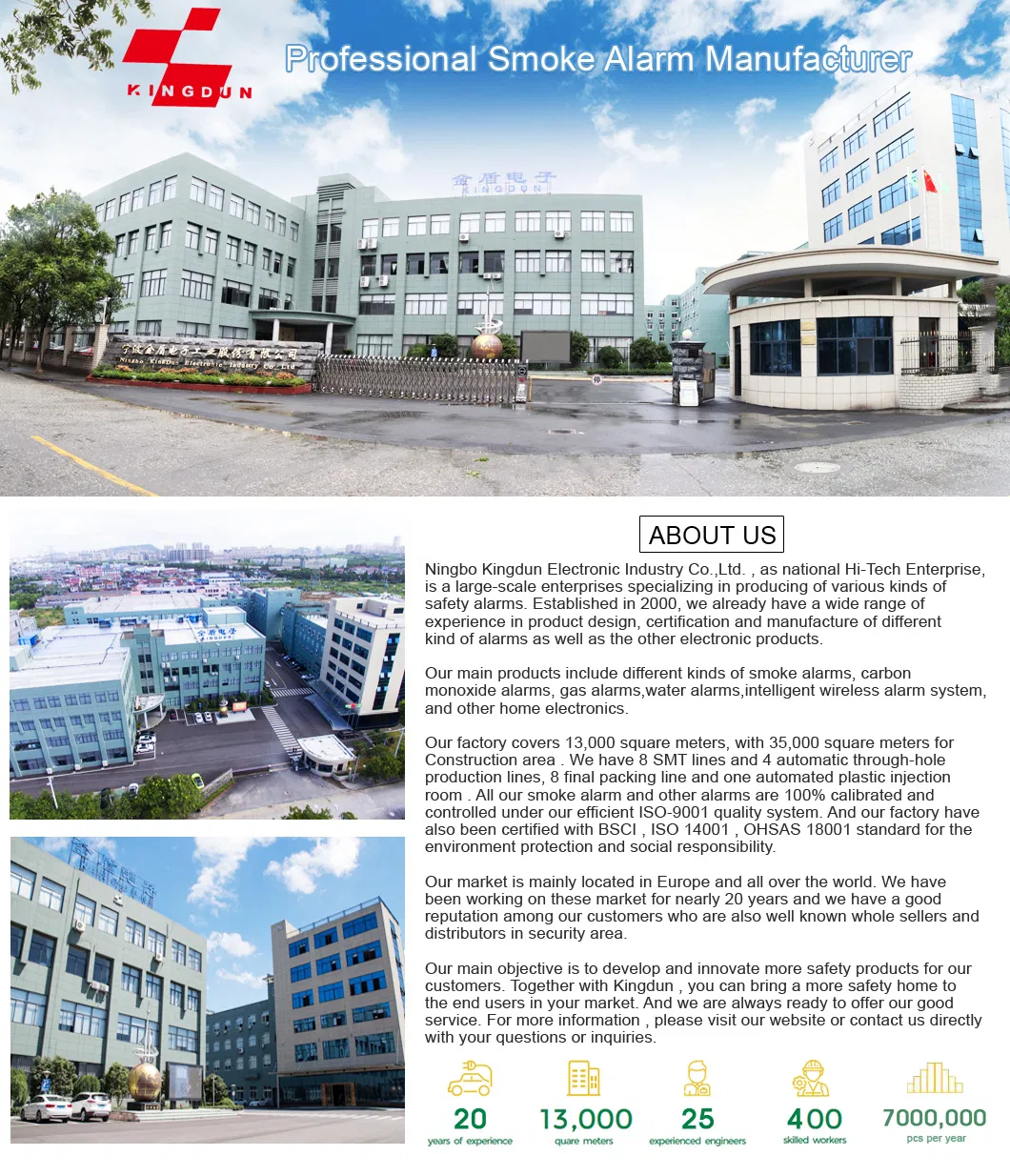 Detector Fire Sensor System Kingdun Lm-107A Long Life Smoke Alarm with Battery