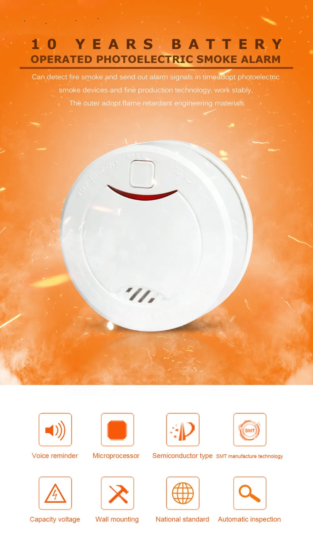 New Design Cheap 10 Years Battery Life Stand Alone Photoelectric Smoke Alarm for Home